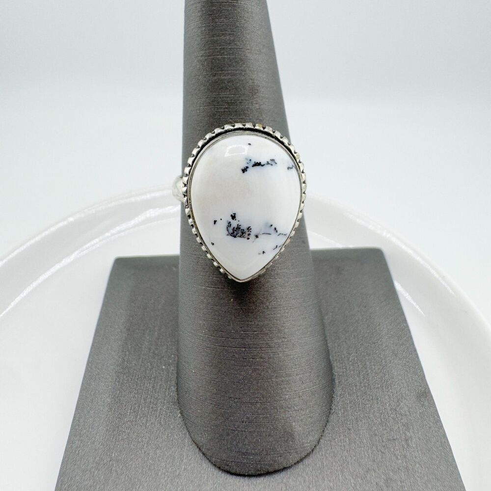 Southwestern White Stone Black Matrix Teardrop Ring Silver Tone Boho Southwester - Picture 4 of 8